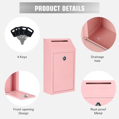 Sumerfnt Locking Cash Box with Slot, Metal Money Donation Box with Lock and 4 Keys Wall Mount, Cash Drop for Farm Stand, Self-Serve Stand, Tips, Fundraising, Pink - color: Pink