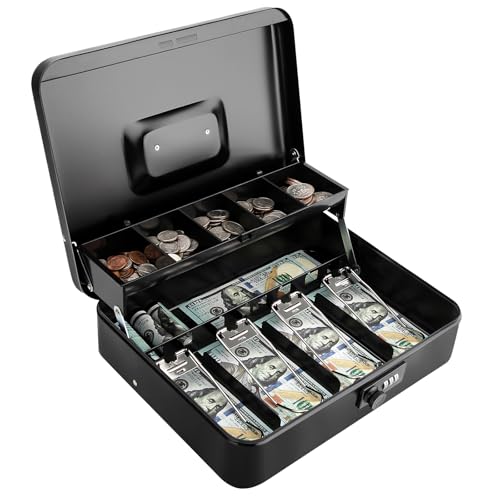 Cash Box with Combination Lock & Foam Auto-Pop Coin Tray – Secure Steel Money Box with 4 Upgraded Finger-Safe Bill Clips, Premium Smooth Scratch-Resistant Coating, 11.8", Combo Black - color: Combo Black
