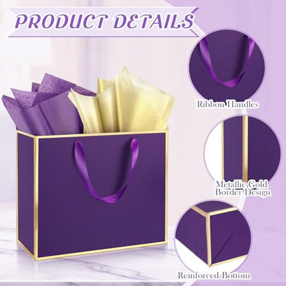 ReliThick 12 Pack Paper Gift Bag with Handles & Tissue, Dark Purple, Gold - color: Dark Purple, Gold