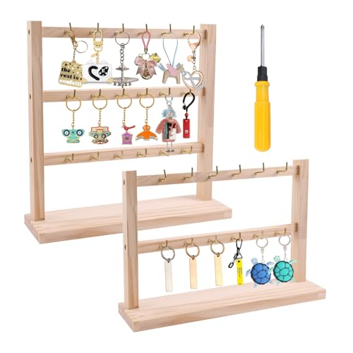 2 Pack Keychain Display Stand, Wooden Key Holder Display for Vendor Booth, Retail Store, Home Organization for Jewelry, Badges, Accessories (30 hooks)