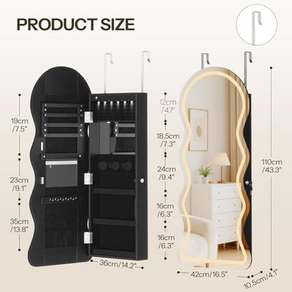 HOOBRO LED Mirror Jewelry Cabinet, Wall/Door Mounted Jewelry Organizer - color: Black