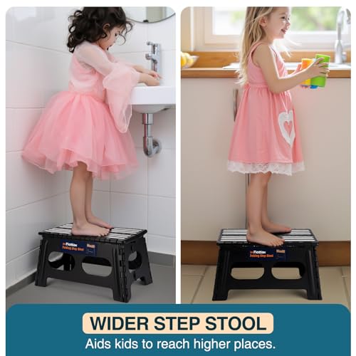 Flottian 9" Folding Step Stool for Adults and Kids 15-Inch Extra Wide Stool Holds Up to 300 lbs,Non-Slip Folding Stools with Handle,Compact Plastic Foldable Step Stool for Bathroom,Kitchen,ect,Black - size: 9 Inch