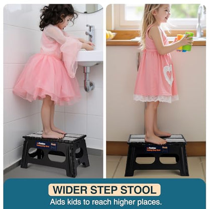 Flottian 9" Folding Step Stool for Adults and Kids 15-Inch Extra Wide Stool Holds Up to 300 lbs,Non-Slip Folding Stools with Handle,Compact Plastic Foldable Step Stool for Bathroom,Kitchen,ect,Black - size: 9 Inch