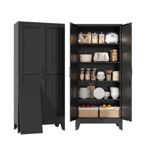 YAUWOH 71''Metal Cabinet with 4 Adjustable Shelves,5-Tier Kitchen Pantry Cabinet - color: Black, size: 71"H 2 Door 0 Drawer-Beadboard Door