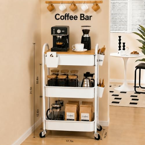 3 Tier White Metal Heavy Duty Rolling Cart with Wheels and Wooden Table Top - color: White