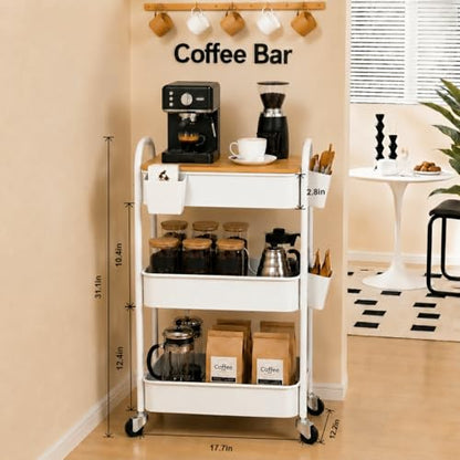 3 Tier White Metal Heavy Duty Rolling Cart with Wheels and Wooden Table Top - color: White