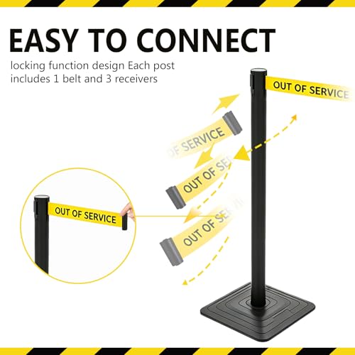 4 Pack Crowd Control Stanchions with 10FT Retractable "Out of Service" Belt - color: OUT OF SERVICE BELT