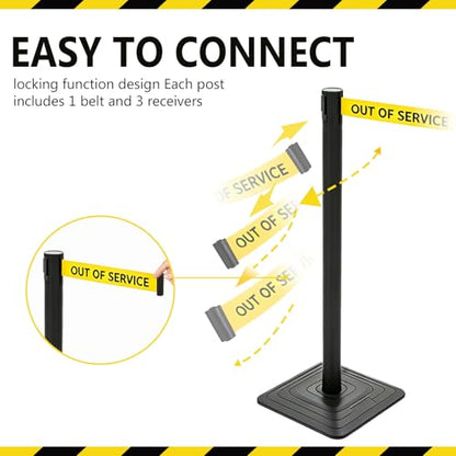 4 Pack Crowd Control Stanchions with 10FT Retractable "Out of Service" Belt - color: OUT OF SERVICE BELT