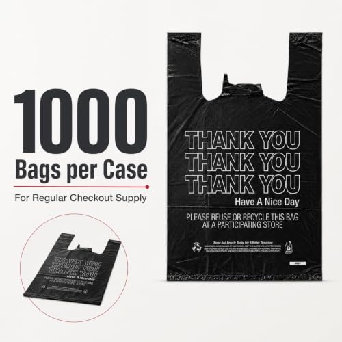 Black Thank You T-Shirt Bags, 10 x 5 x 18 in, 14 Micron, 1000 Count