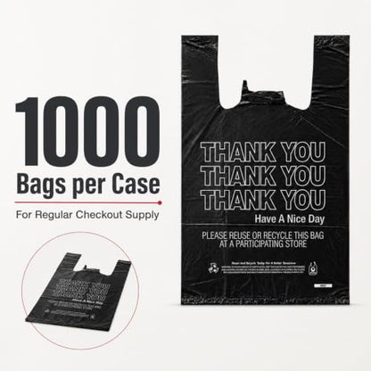 Black Thank You T-Shirt Bags, 10 x 5 x 18 in, 14 Micron, 1000 Count