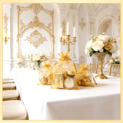 Sukh Gold Organza Bags 5"x7" - 100PCS Small Mesh Drawstring Gift Bags - color: Gold, size: 100 Count (5 x 7 Inches)