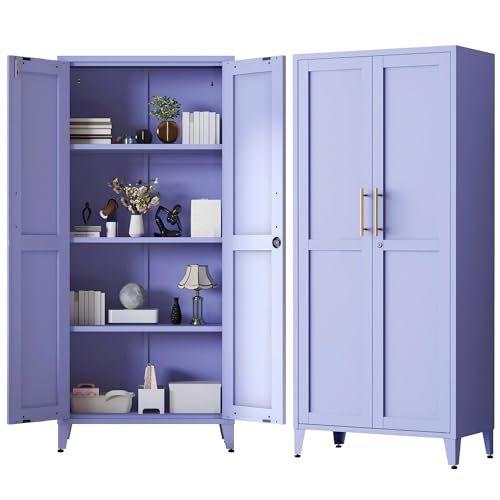 61" Tall Purple Lockable Metal Storage Cabinet, Farmhouse Pantry Cabinet with 2 Square-Pattern Doors & 3 Adjustable Shelves, Freestanding Cupboard with Legs for Home, Office, Laundry, Entryway - color: Lilac, style: Cabinet-61"H-DL