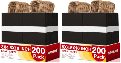 XPCARE Black Paper Bags with Handles, 200Pcs 8x4.5x10In Kraft Paper Bag (Pack of 2) - color: Black, size: 1 Count (Pack of 400)
