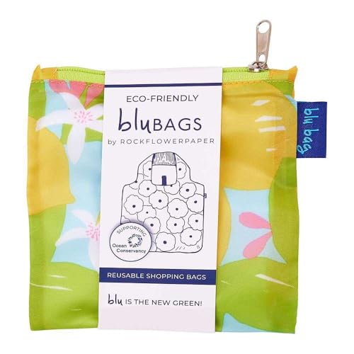 rockflowerpaper Reusable Grocery Bags - Washable, Foldable, Packable Tote, Large Handles, Heavy Duty, Zippered Top Pouch - color: Lemon Blossoms