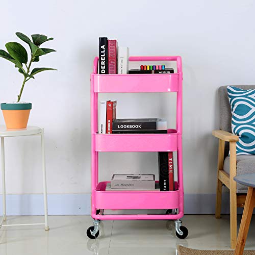 3-Tier Metal Mesh Rolling Cart Storage Organizer with Utility Handle and Wheels, Pink - color: A- Pink