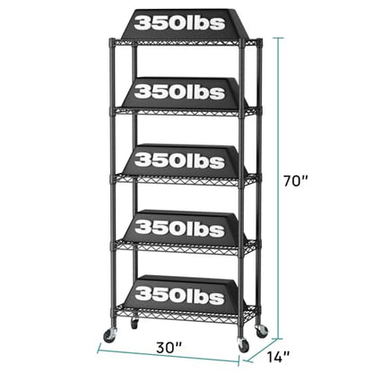 SINGAYE 5 Shelves Storage Wire Shelf Closet Metal Shelving Pantry Wheels - color: Black, size: 5Tier/14"D X 30"W X 70"H