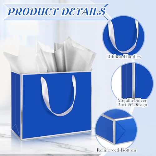 ReliThick 12 Pack Paper Gift Bag with Handles & Tissue, Royal Blue,Silver - color: Royal Blue,Silver