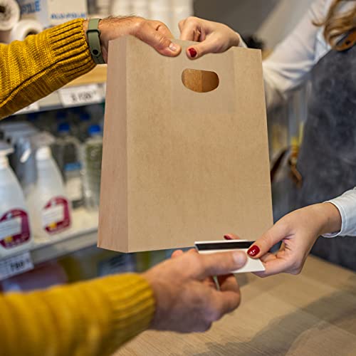 Foraineam 100 Pack Kraft Paper Bags, 11x6x11 Inch Natural Brown Paper Party Favor Goody Snack Gift Bag with Die Cut Handle, Bakery, Retail
