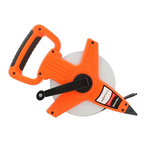 Amazon Basics Open Reel Fiberglass Measuring Tape, Versatile, Reliable, Shock-Absorbing Handle, Inch/Metric Scale, Impact Resistant Shell, 100-feet (30-Meters) by 1/2-Inch, Orange