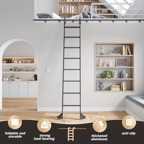 Fredbeck 9ft Black Library Aluminium Step Ladder 108" and 4FT Sliding Track - size: 108" Ladder + 4FT Hook Kit