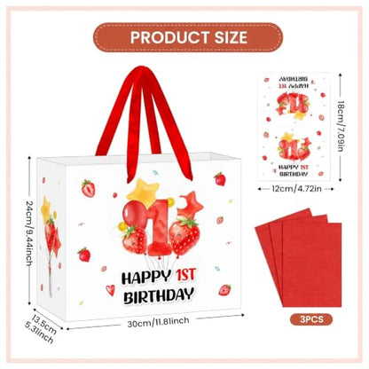 Strawberry 1st Birthday Gift Bag for Baby Girls with Tissue Paper and Card