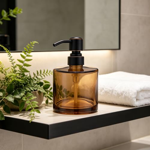 Coffee Glass Soap Dispenser with Rust Proof Stainless Steel Pump, Oil Rubbed Bronze Refillable Liquid Hand Soap Dispenser for Bathroom, Kitchen (11Oz, Round) - color: Oil Rubbed Bronze, size: 11 oz Round