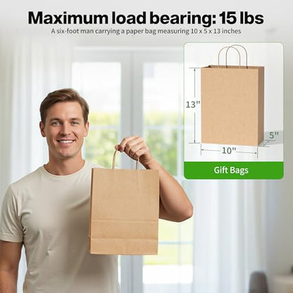 Simple Deluxe Value Pack of 50 Kraft Paper Bags with Handles (10x5x13 Inch) - Made in USA from 90GSM 100% Recycled Paper for Retail, Bulk Savings for Retail, Stores & Gift Packaging - size: 1 Count (Pack of 50)