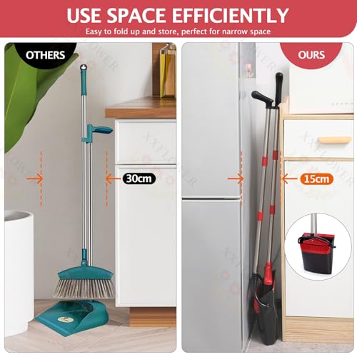 Broom and Dustpan Set,54.72"Long Handle,Standing Dustpan,Black&Red - color: Red Black