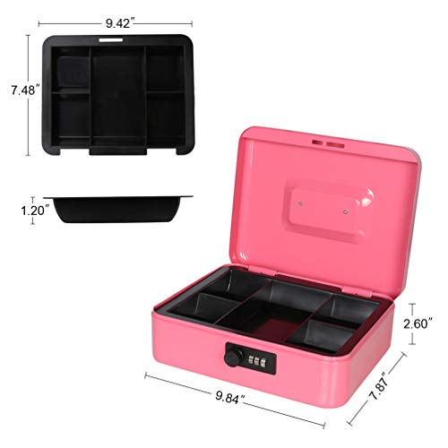 Cash Box with Money Tray, Parrency Large Money Box with Combination Lock, 9.8 x 7.9 x 3.5 inches, Pink - color: Combo Pink, size: Large（9.84")