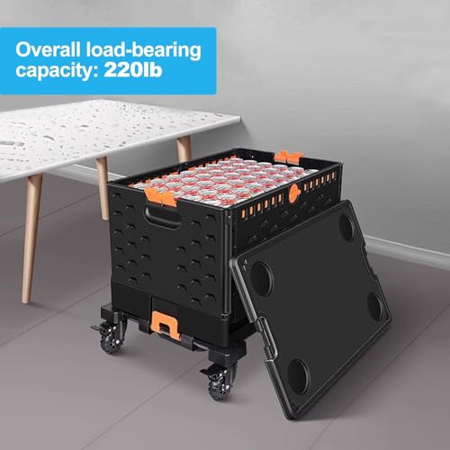 Foldable Utility Cart Collapsible Crate Rolling Carts with Wheels, Hand Truck Storage Box with Telescoping Handle, Folding Shopping cart with Wheels for Office Shopping Camping Travel Moving
