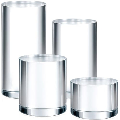 Hacaroa 4 Pcs Acrylic Cylinder Risers Display Stand, Clear Polished Round Display Blocks Transparent Photo Props, Mini Solid Pedestal Base for Jewelry, Perfumes, Figurines, 4 Sizes