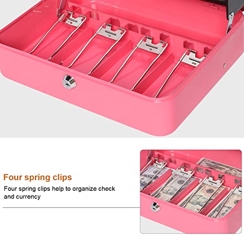 Cash Box with Key Lock & Foam Auto-Pop Coin Tray – Secure Steel Money Box with 4 Upgraded Finger-Safe Bill Clips, Premium Smooth Scratch-Resistant Coating, 11.8"L x 9.5"W x 3.5"H, KL Hot Pink - color: KL Hot Pink