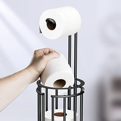 Meangood Toilet Paper Holder Stand and Tissue Paper Roll Dispenser for 4 Mega Rolls, Bathroom Free Standing Tissue Roll Storage Holder Rack, Detachable (Matte Black) - color: Black
