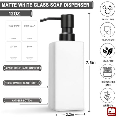 GMISUN White Soap Dispenser, Bathroom Hand Soap Dispenser, Glass Dispenser with Stainless Steel Pump, Kitchen Hand and Dish Soap Dispensers, 12 fl oz/350ml Liquid Refillable Soap and Lotion Bottle - color: White Bottle + Black Pump, size: 2 Pack