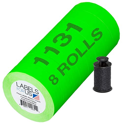 Labels for Monarch 1131 Labeler - Green - 20,000 Labels - Pack with 8 Rolls - Ink Roller Included - Made and Delivered by Labels for Us - color: Green, size: 1 Pack (8 Rolls) - Prime