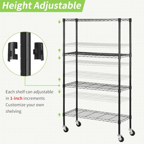 4 Tier Wire Shelving Unit with Wheels, 36 x 14 x 62 Heavy Duty - color: Black, size: 14"D x 35.6"W x 61.8"H