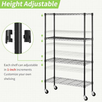 4 Tier Wire Shelving Unit with Wheels, 36 x 14 x 62 Heavy Duty - color: Black, size: 14"D x 35.6"W x 61.8"H