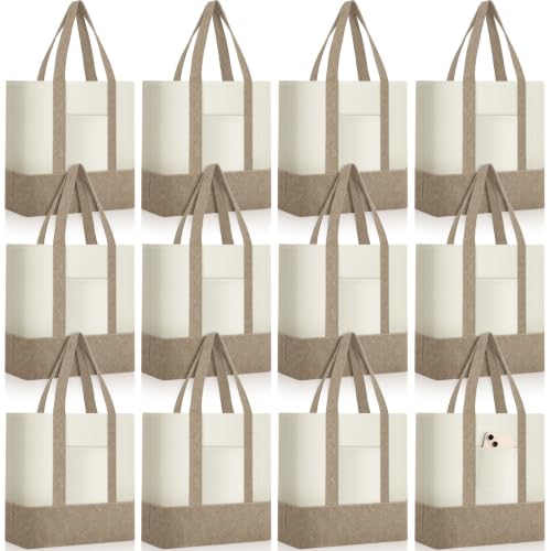 Sanwuta 12 Pcs Mini Canvas Tote Bags Bulk with Pocket Small Sublimation Blank Canvas Tote Reusable Grocery Bag for Women, DIY Craft (Linen) - color: Linen