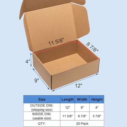 Wowxyz Shipping Boxes 12x9x4 Inches 20 Pack Corrugated Cardboard Brown Box - size: 12x9x4"