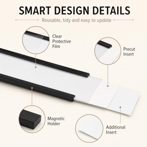 CYEAH 100 Pack Magnetic Label Holders, 1 x 3 Inch C-Channel Magnetic Data Card Holders with Paper Inserts and Clear Plastic Protectors for Metal Racks, Shelves, File Cabinets and Lockers