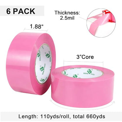 BOMEI PACK Heavy Duty Packing Tape 6 Rolls, Total 660Y, Pink, 2.52 mil, 1.88 inch x 110 Yards, Ultra Strong, Refill for Packaging and Shipping | Ultra Strong, Refill for Packaging and Shipping - color: Pink