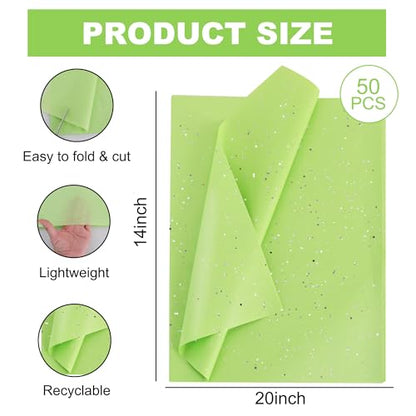 BEISHIDA 50 Sheets Green Glitter Tissue Paper Bulk, Glitter Tissue Wrapping Paper for Gift Bags, 14 x 20 Inch Gift Wrap for Birthday Wedding Graduation DIY Crafts Holiday Flowers - color: lightgreen