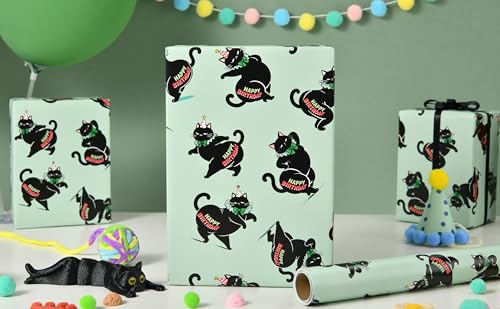 Sikiweiter Funny Black Cat Birthday Wrapping Paper Roll, 17 Inch x 16.5 Feet, Gift Wrap with Happy Birthday Text, Mint Green Background, Fun Kitty Birthday Paper(Funny Black Cat Birthday) - color: Funny Black Cat Birthday