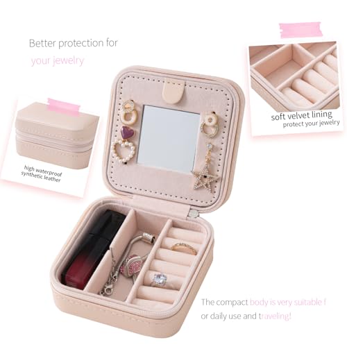 KElofoN Travel jewelry case Travel jewelry box Travel Jewelry Organizer Small box Gift for Girls Women with Mirror(Pink) - color: Pink
