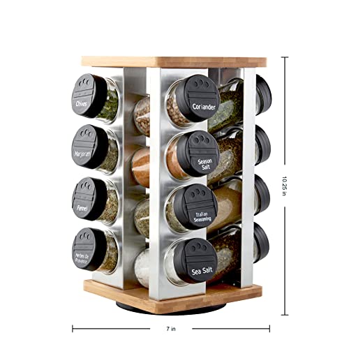 Kamenstein 16 Jar Warner Revolving Countertop Spice Rack Organizer with Lift & Pour Caps and Spices Included,FREE Spice Refills for 5 years,Stainless Steel & Bamboo with Black Caps,16-Jar (Pack of 2) - size: 16-Jar (Pack of 2), style: 16-Jar Bamboo Revolv