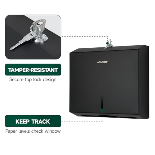 anydry Wall Mount Paper Towel Dispenser 250-Sheet Capacity Stainless Steel Lockable Fits Multifold/Z-Fold Towels (Folded Size ≤ 10.6" x 3.9") Matte Black - color: Black