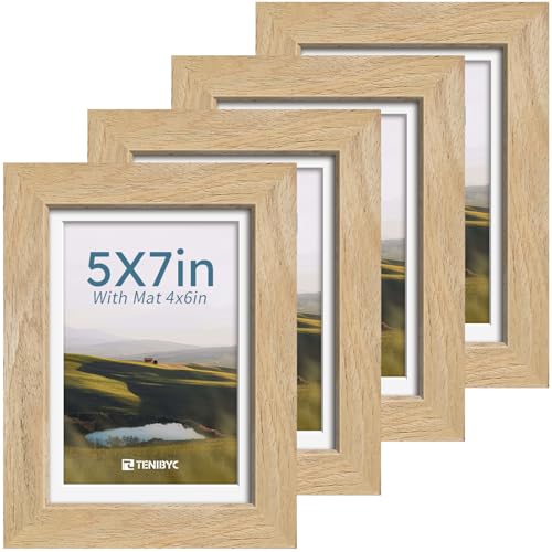 5x7 picture frame 4 Pack, 4x6 Mat, Natural Wood, Glass, for Photo - color: Natural, size: 5 X 7