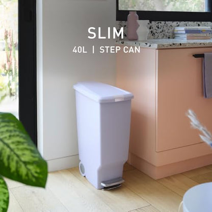 simplehuman Slim Step Can, 40L / 10.6 Gallon Space-Efficient Kitchen Trash Can, Studio Edition, Pet-Proof Slide Lock, 150,000-Step Pedal, Wheels, Lilac Plastic - color: Lilac