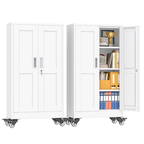 pozdeg 45.6" White Lockable Rolling Metal Garage Storage Cabinet - color: White, size: 11.8"D x 23.7"W x 45.6"H