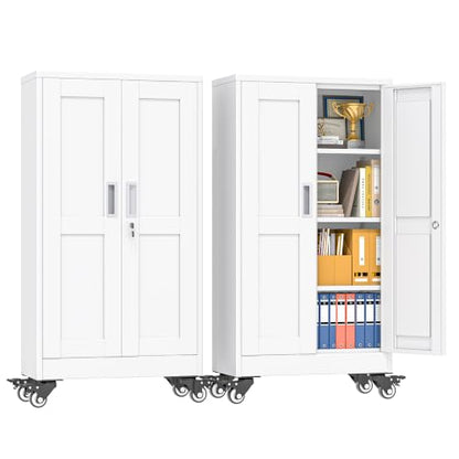 pozdeg 45.6" White Lockable Rolling Metal Garage Storage Cabinet - color: White, size: 11.8"D x 23.7"W x 45.6"H
